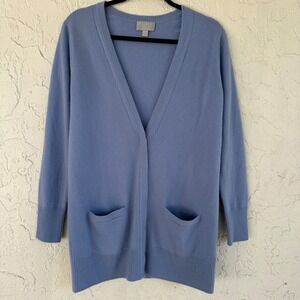 Pure Collection Blue 100% Cashmere V-Neck Button Front Cardigan Sweater US 6